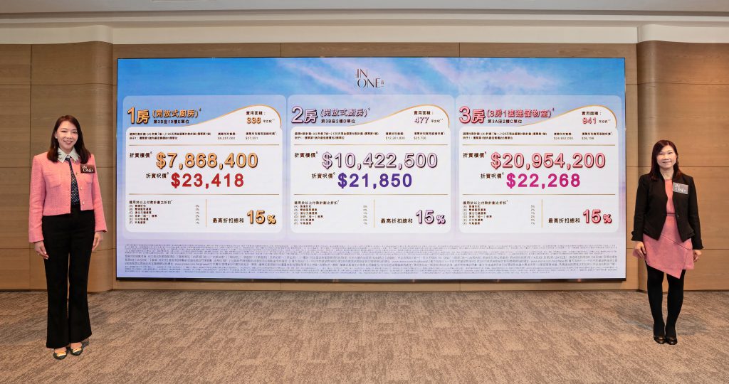 瑜一 IN ONE 第IB期首張價單合共50伙,折實售價由約 $7,868,400 至約 $26,077,100 ,折實呎價 $21,850 至 $27,712 。