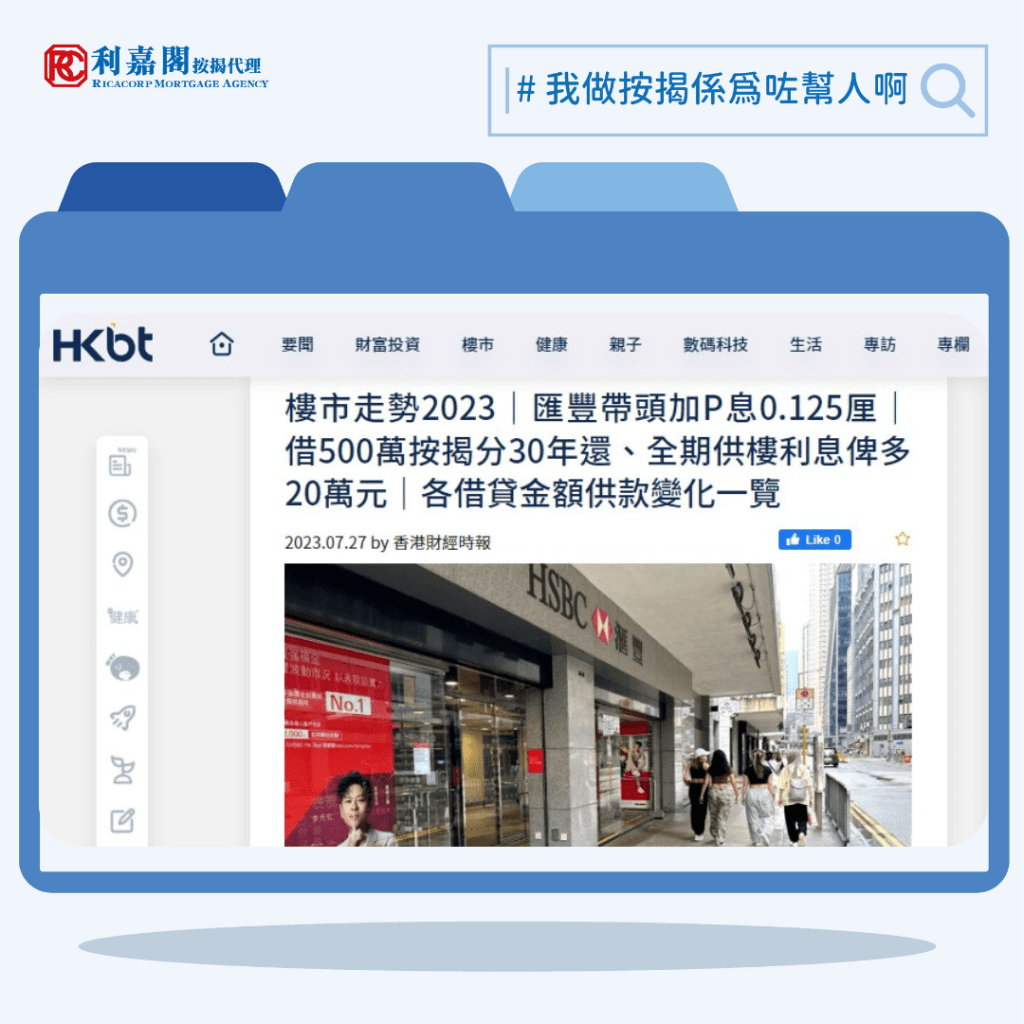 香港加息|匯豐帶頭加P息0.125厘|借500萬按揭分30年還、全期供樓利息俾多20萬元|各借貸金額供款變化一覽 | 香港財經時報HKBT